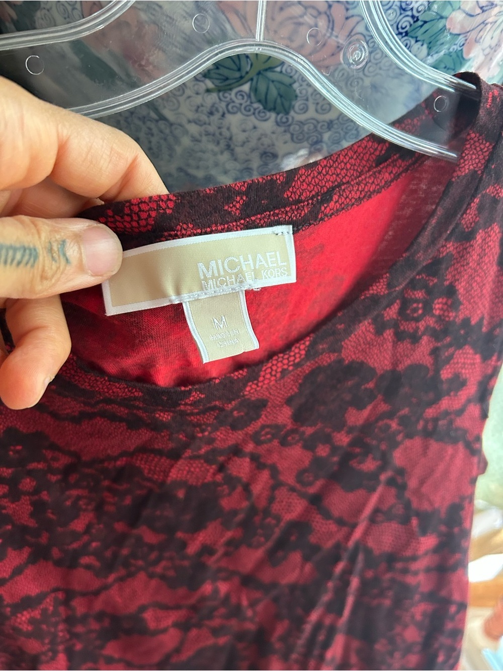Michael Kors Red and Black Lace-Print Cold-Shoulder Long Sleeve Top - Picture 2 of 12
